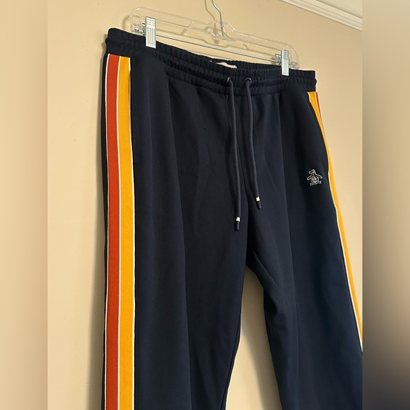 Original Penguin Navy Track Pants M 34” Waist Retro Stripe Joggers Cuffed Leg - Picture 4 of 10